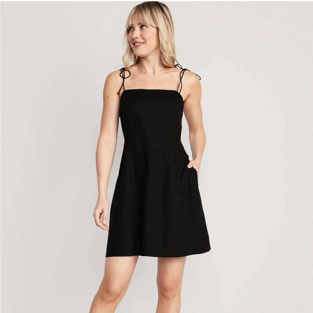 Old Navy Size M Black Fit & Flare Linen-Blend Dress NWT
